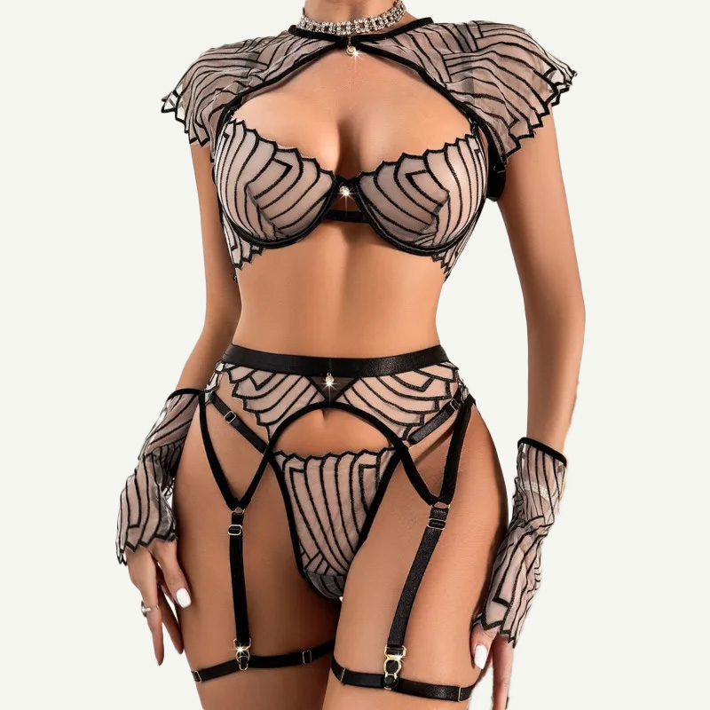 Garter Belt Set - Damski czarny zestaw bielizny z geometrycznym